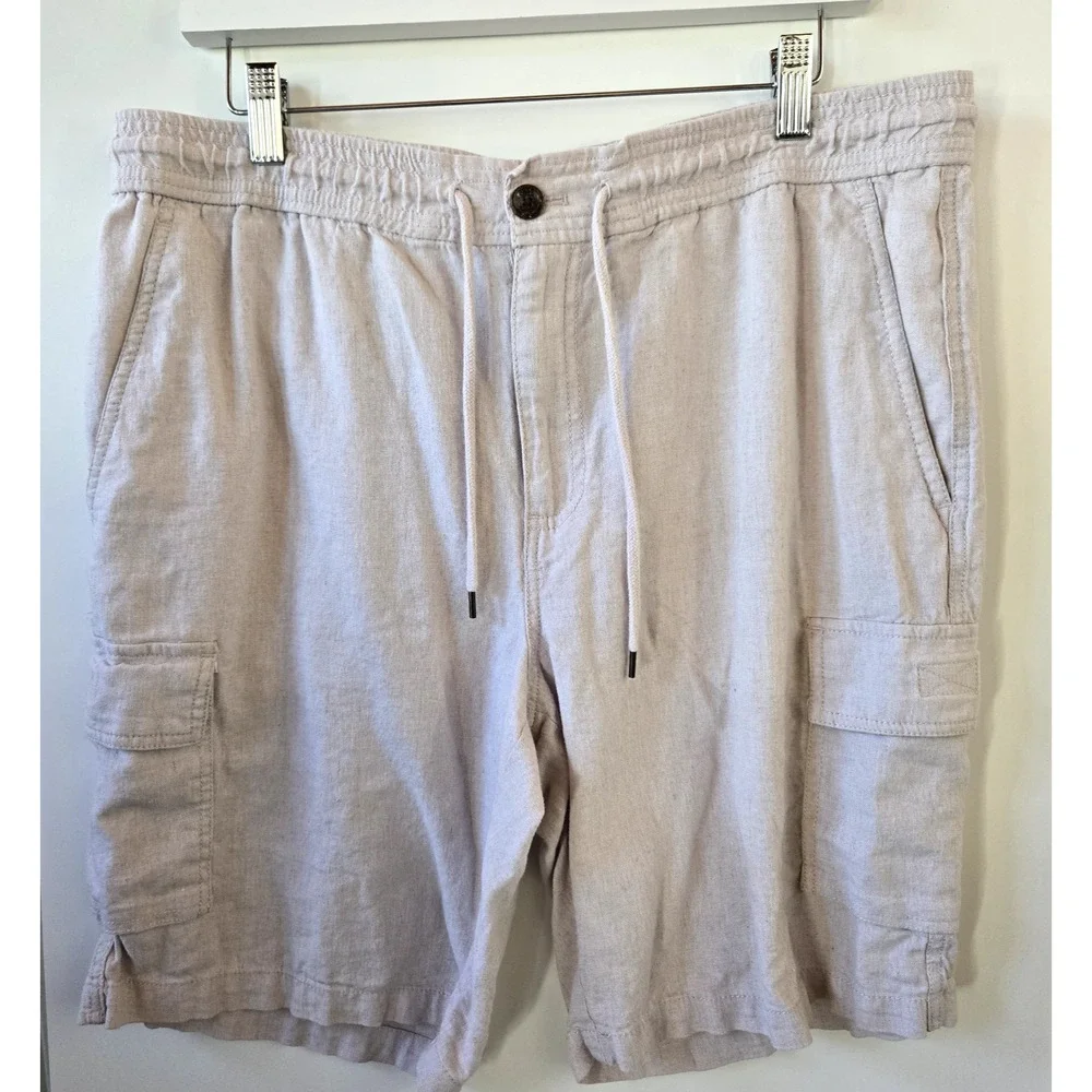 Cubavera Shorts Mens Large Beige Linen Elastic Waist Drawstring Casual Cargo‎